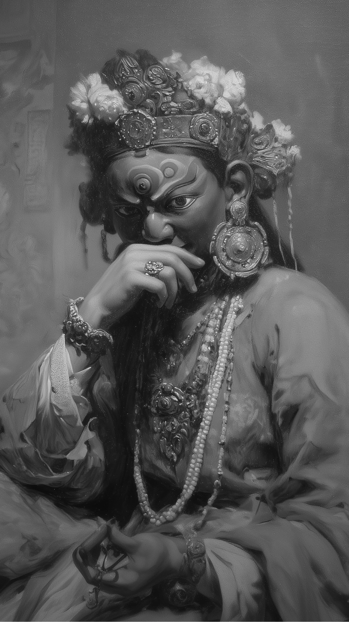 Black-and-white painting of a deity figure wearing a flower crown