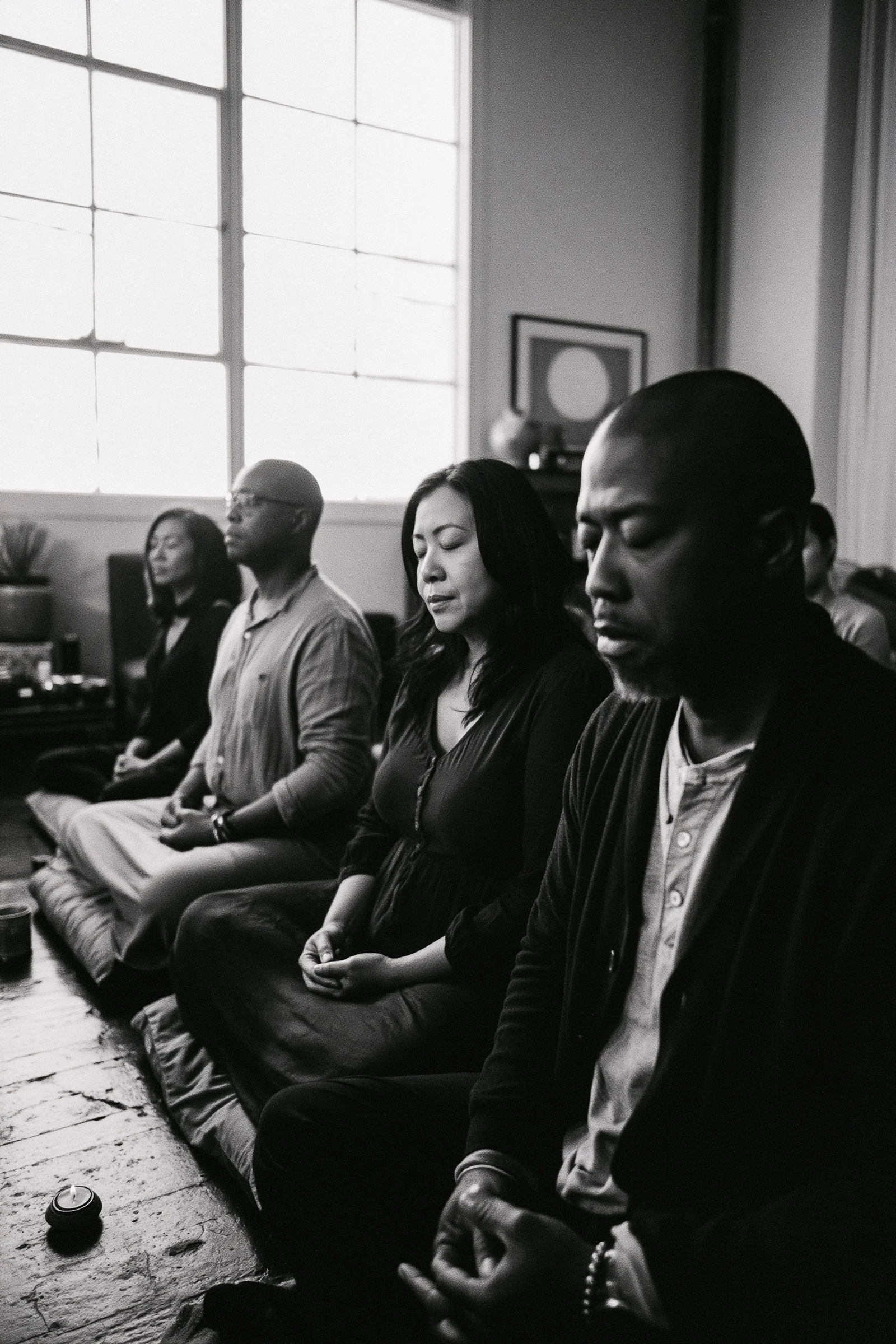 Illustration of practitioners seated in meditation in a light-filled room