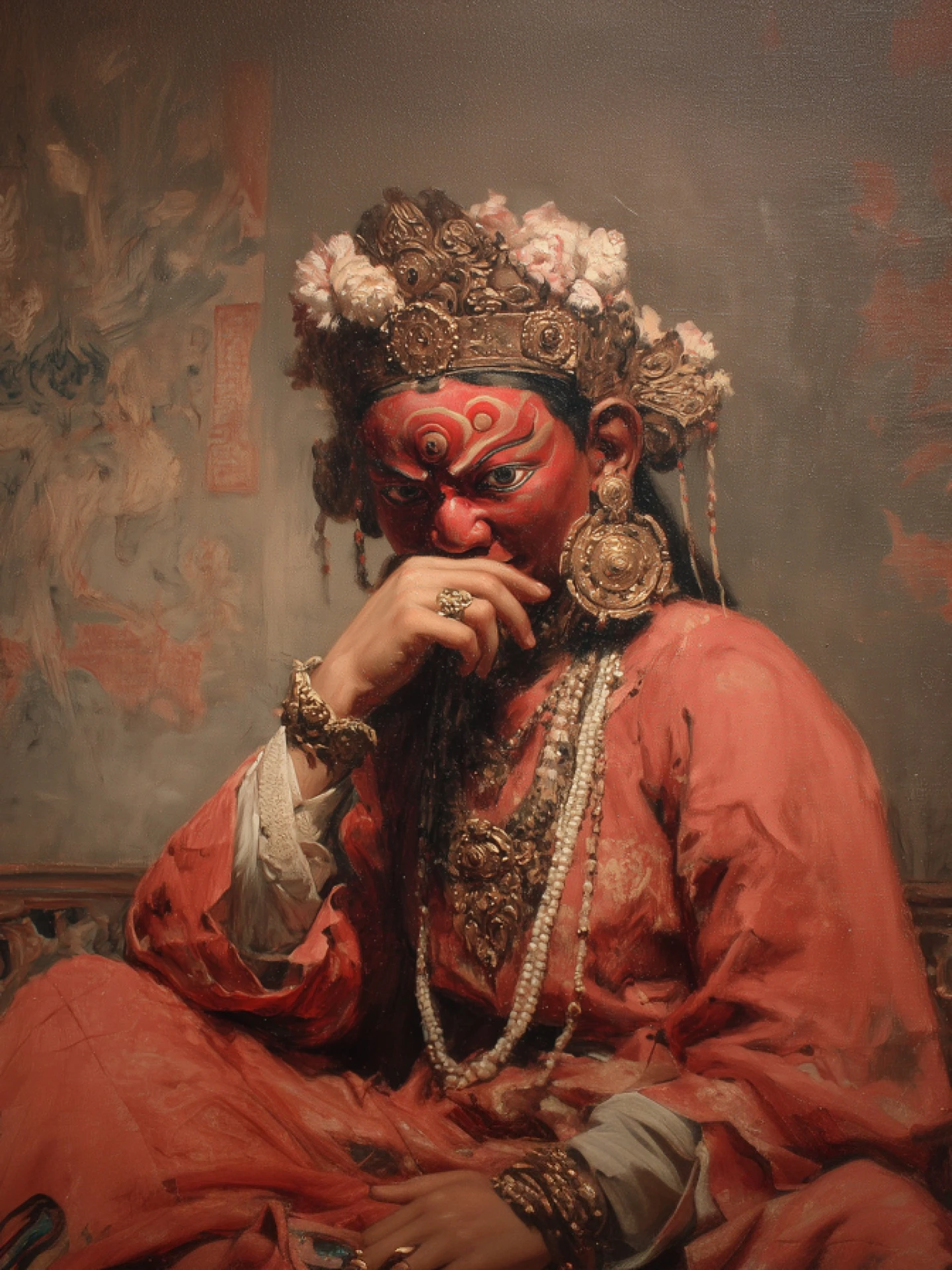 Black-and-white painting of a deity figure wearing a flower crown