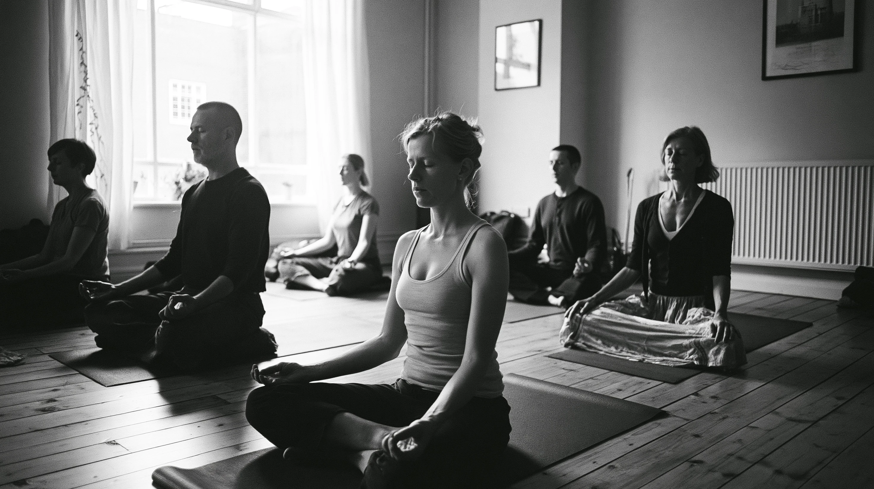 Black-and-white photograph of a small group meditating cross-legged on mats in a sunlit room