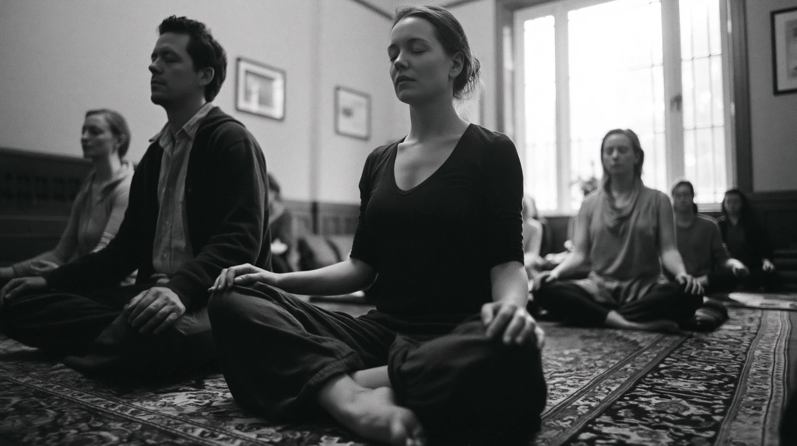 Black-and-white photograph of practitioners seated together in meditation