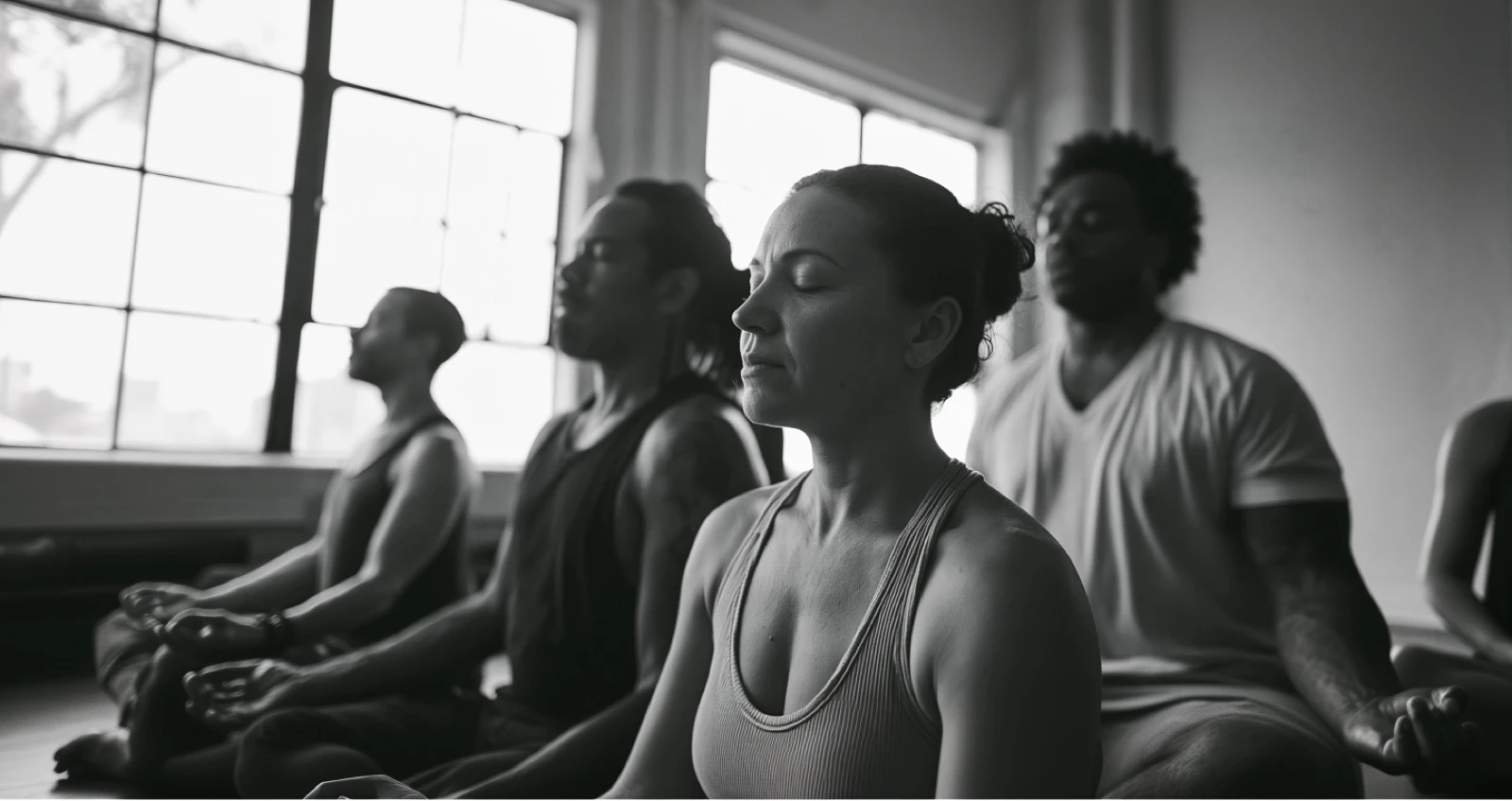 Black-and-white photograph of practitioners seated together in meditation
